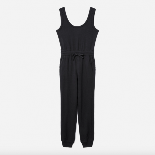 A black Everlane The French Terry Jumpsuit on white background