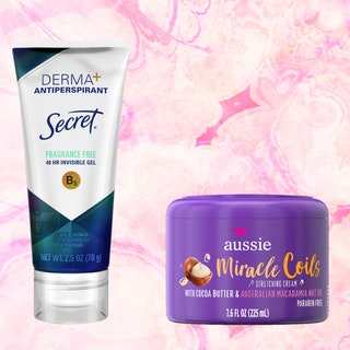 Best of Beauty 2021 Winners at Target: a collaged image of Secret DERMA+ Fragrance Free Antiperspirant, Aussie Miracle Coils Stretching Cream, and Pixi +Rose Radiance Perfector on a marbled pink petal background with the red Allure 2021 Best of Beauty Award Winner seal