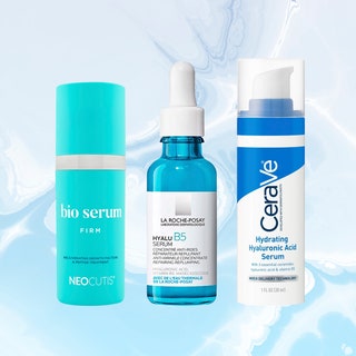 Neocutis, La Roche-Posay, and Cerave serums on a blue marble background
